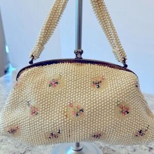 Beaded Handbag 1950’s purse VTG hand embroidered flower and beads 1950’s clutch
